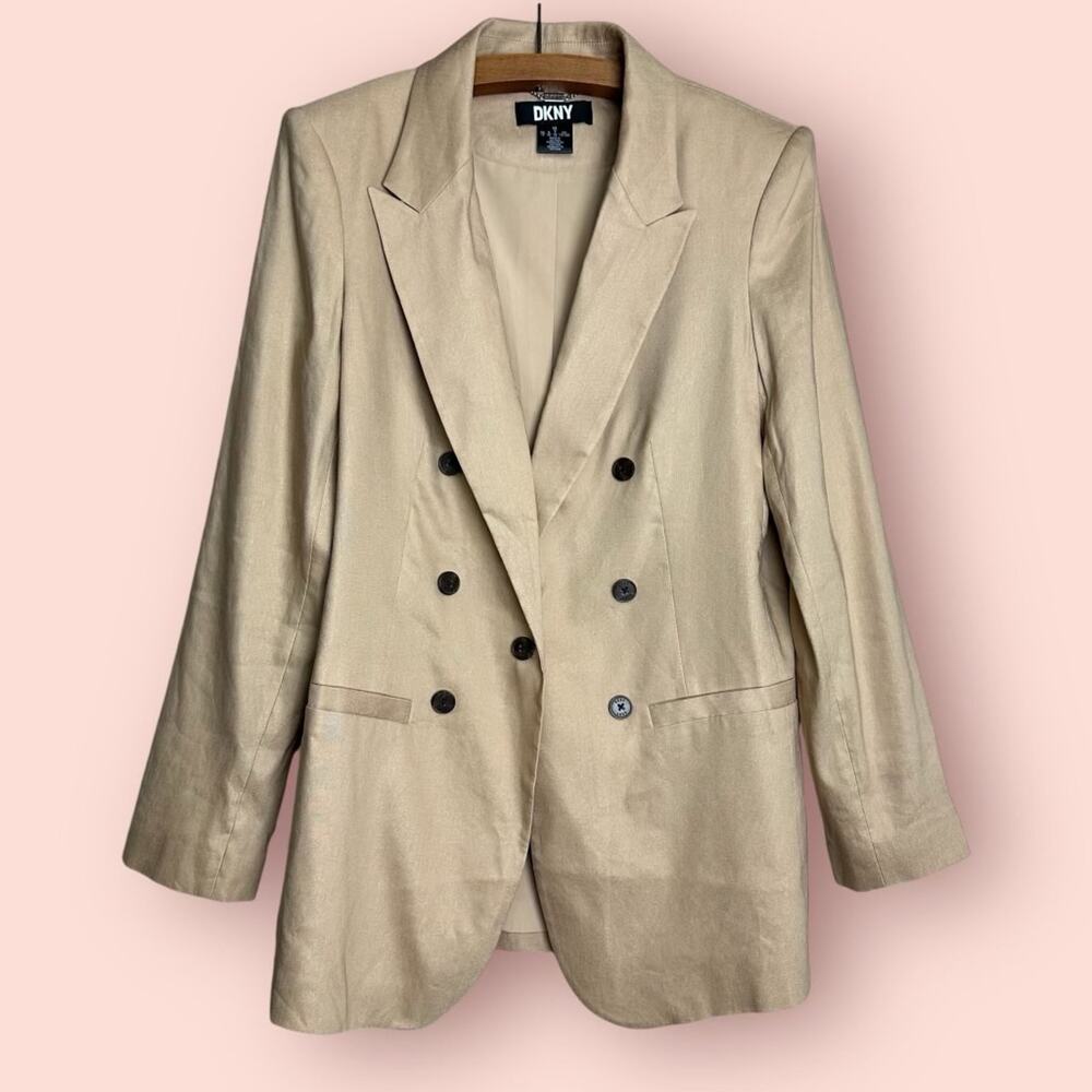 New DKNY Women’s Tan Double Breasted Slim Fit Suit Blazer Size Large Linen